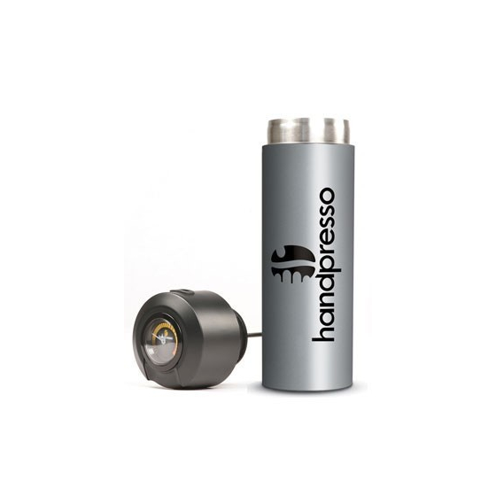 Silberfarbene Thermosflasche mit eingebauter Temperaturanzeige – Handpresso